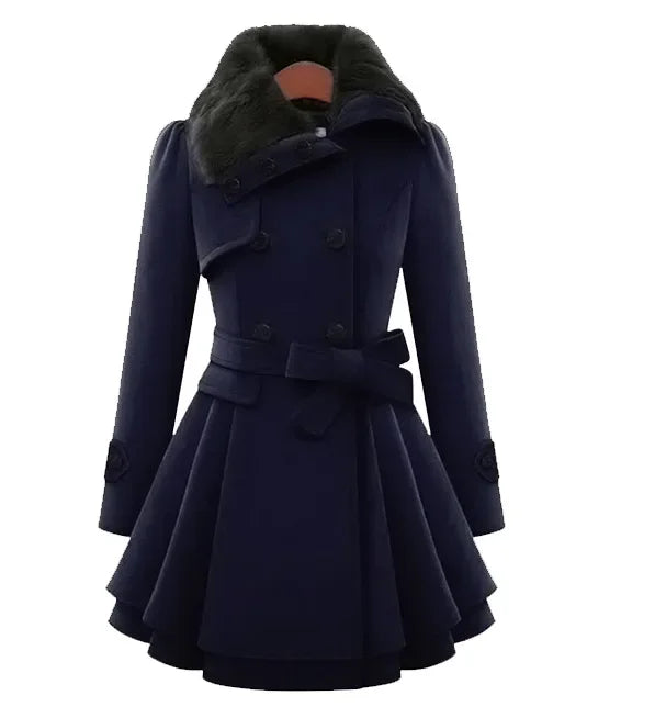 Women's Long Slimming Woollen Jacket Double Row Buttoned Narrow Fit Casual