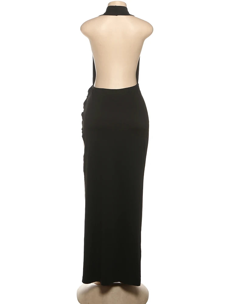 Weird Puss Sexy Backless Long Dress Women Halter Deep V-Neck Sleeveless High Splits Hem New Trend Pool Style Elegant Vestidos