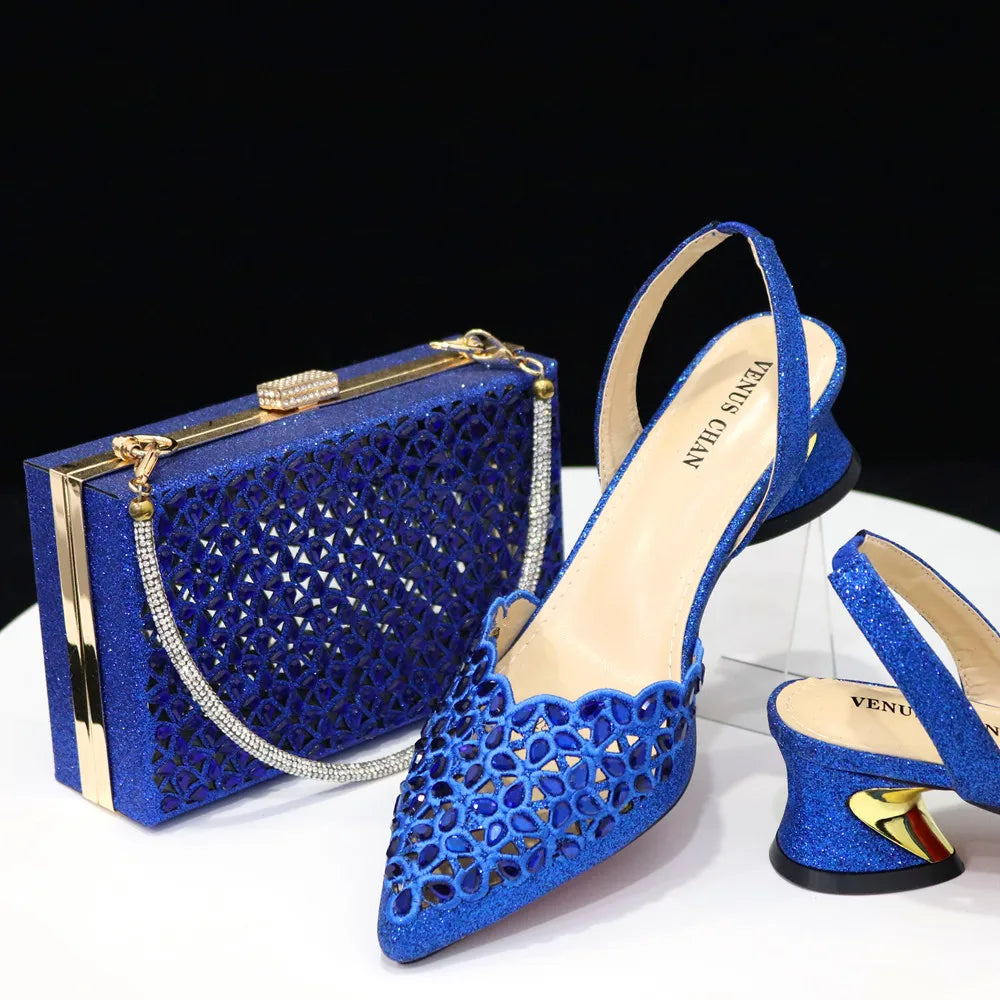 Women's Hollowed Out Embroidery Rhinestone Italian Design Shoes and Bags Set