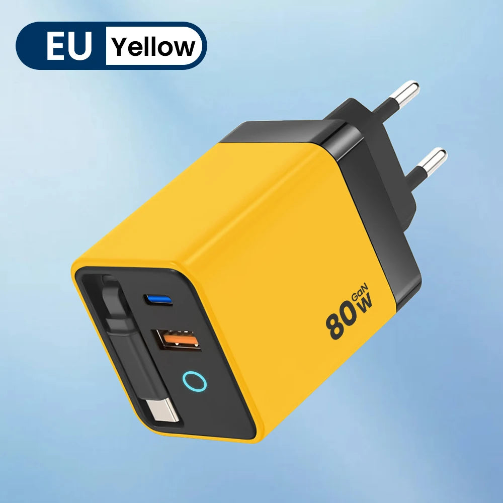 80W Super Fast Charge Type C USB Phone Charger With Telescopic USB C Cable For Iphone 16 15 Samsung Laptop With Light