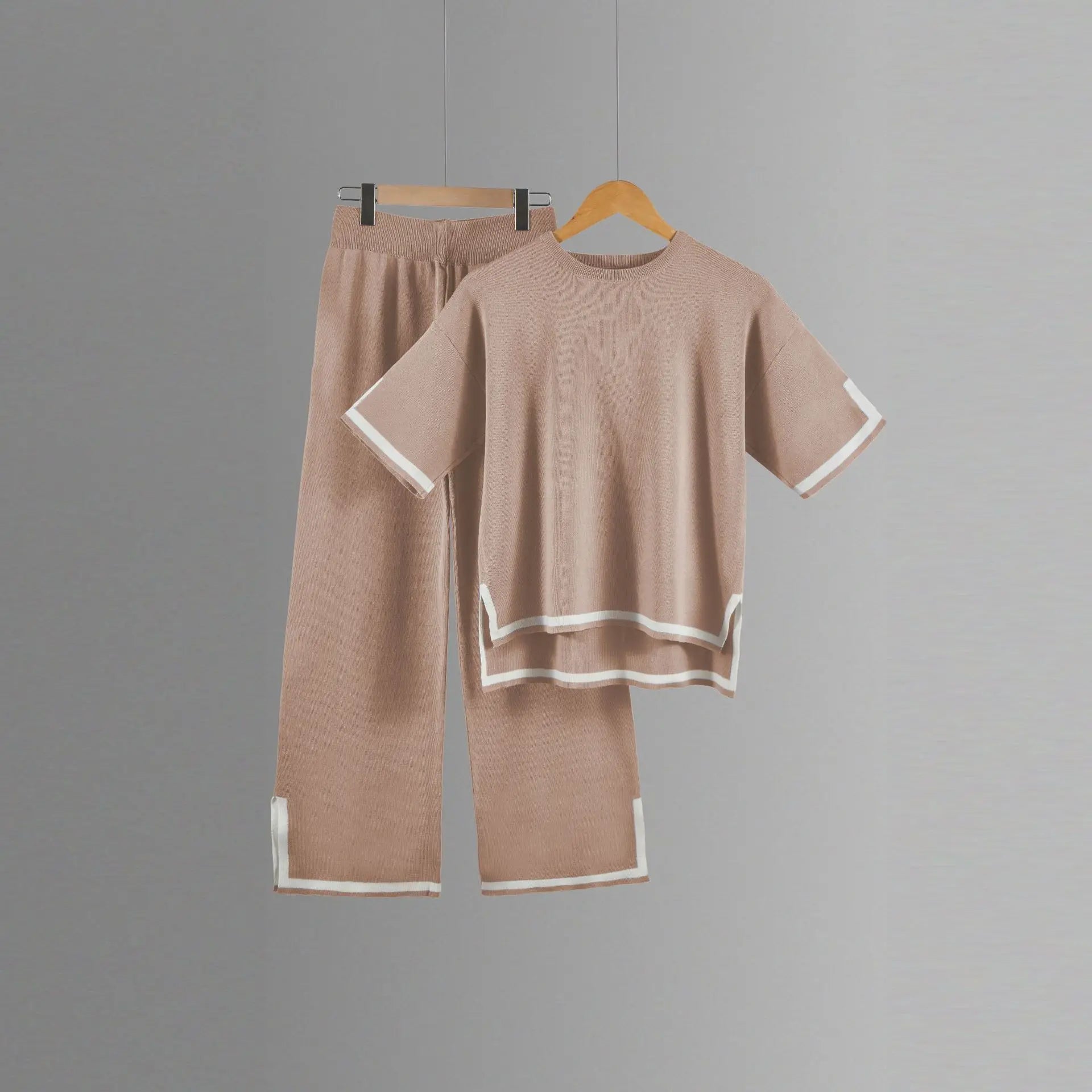 Two-piece Summer New Knitted Elegant Trousers Suit Short-sleeved Pullover Wide-leg Pants Casual Home Two-piece Women's Set