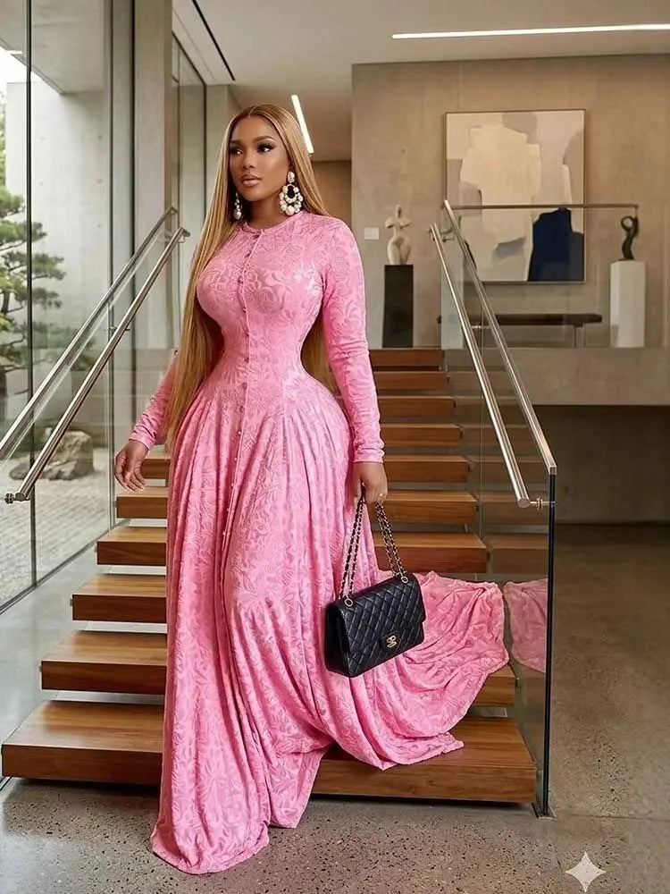 Elegant Luxury Pink Party Dress for Women Fashion High Waist Slim Dress Long Sleeves Maxi Evening Dress Wholesale Dropshipping