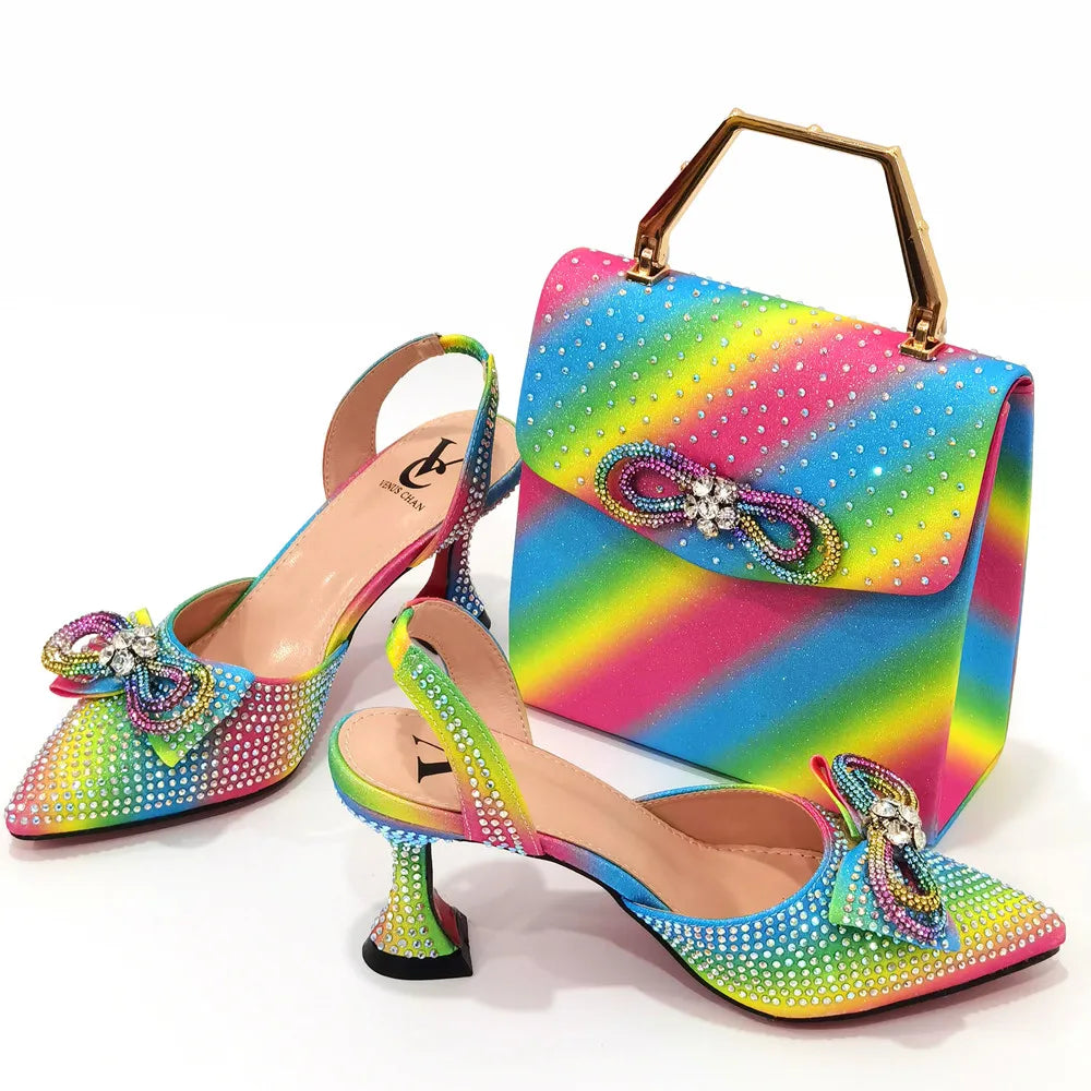 Women's Rhinestone Bow Side Italian Party Shoes And Bags Set