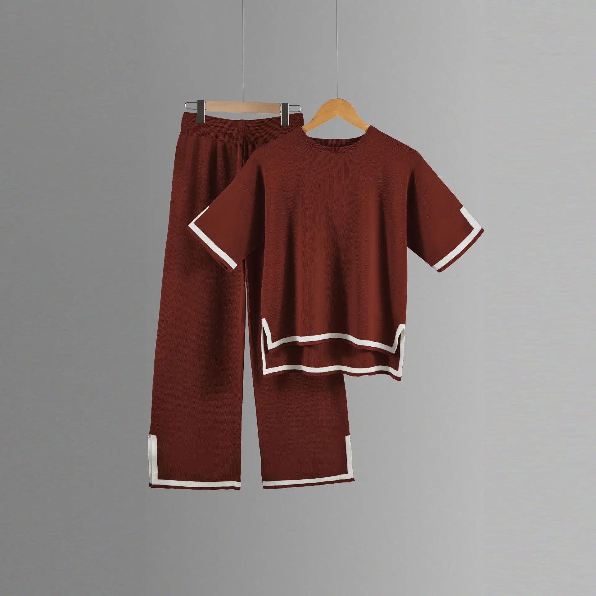 Two-piece Summer New Knitted Elegant Trousers Suit Short-sleeved Pullover Wide-leg Pants Casual Home Two-piece Women's Set