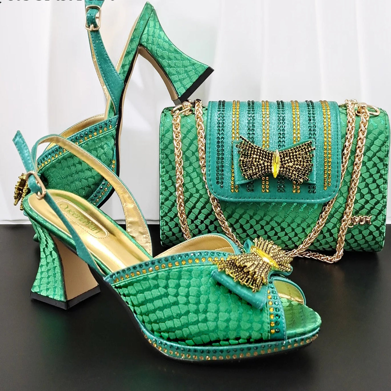 Women's Rhinestone Peep Toe High Heels & Handbag Set | Wedding Party Pumps