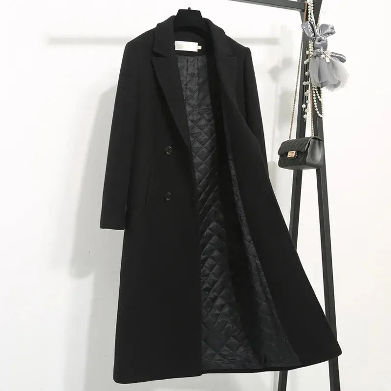 Women's Winter Classic Black Woolen Mid-Length Woolen Blend Overcoat