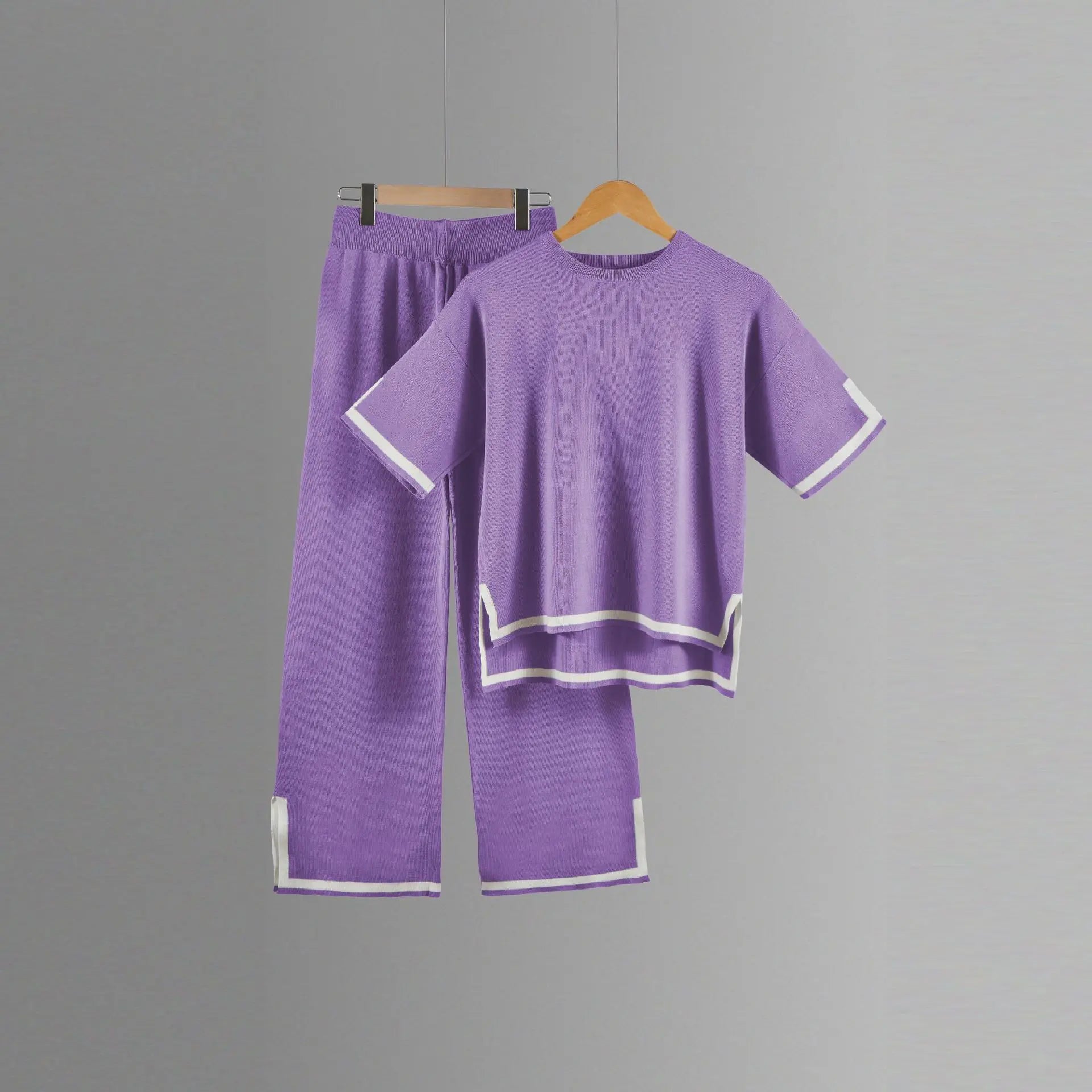 Two-piece Summer New Knitted Elegant Trousers Suit Short-sleeved Pullover Wide-leg Pants Casual Home Two-piece Women's Set