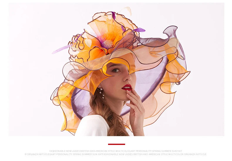Summer Organza Kentucky Derby Hats For Women Elegant Fascinator Hats Ladies Large Wide Brim Church Wedding Hat With Big Flower
