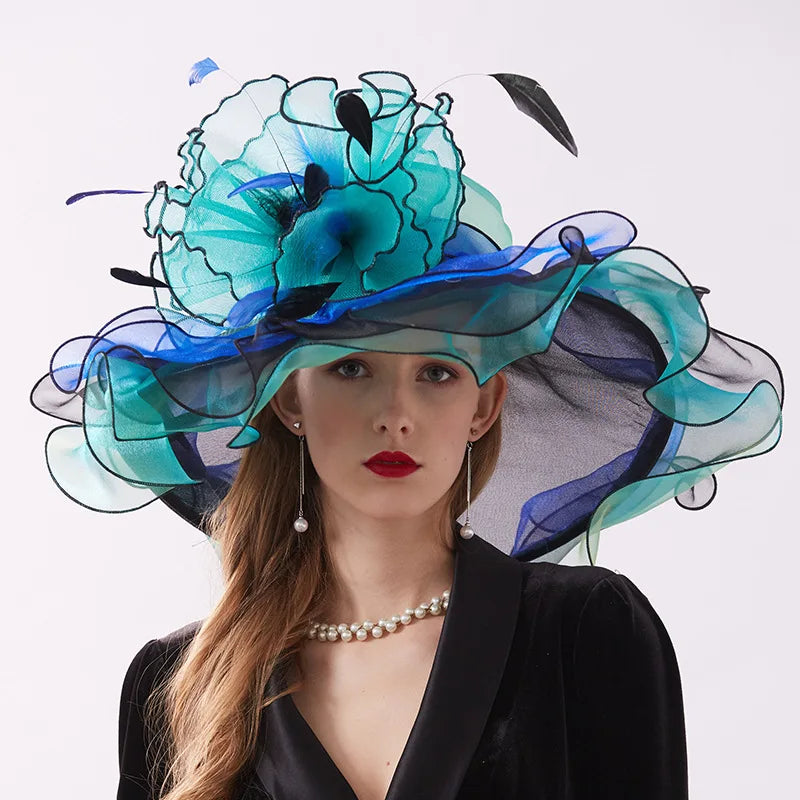 Summer Organza Kentucky Derby Hats For Women Elegant Fascinator Hats Ladies Large Wide Brim Church Wedding Hat With Big Flower