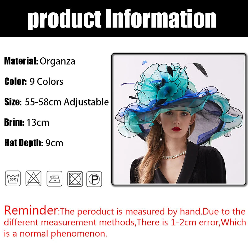 Summer Organza Kentucky Derby Hats For Women Elegant Fascinator Hats Ladies Large Wide Brim Church Wedding Hat With Big Flower