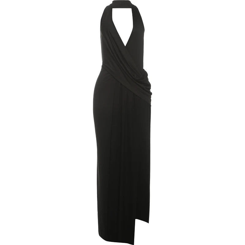 Weird Puss Sexy Backless Long Dress Women Halter Deep V-Neck Sleeveless High Splits Hem New Trend Pool Style Elegant Vestidos
