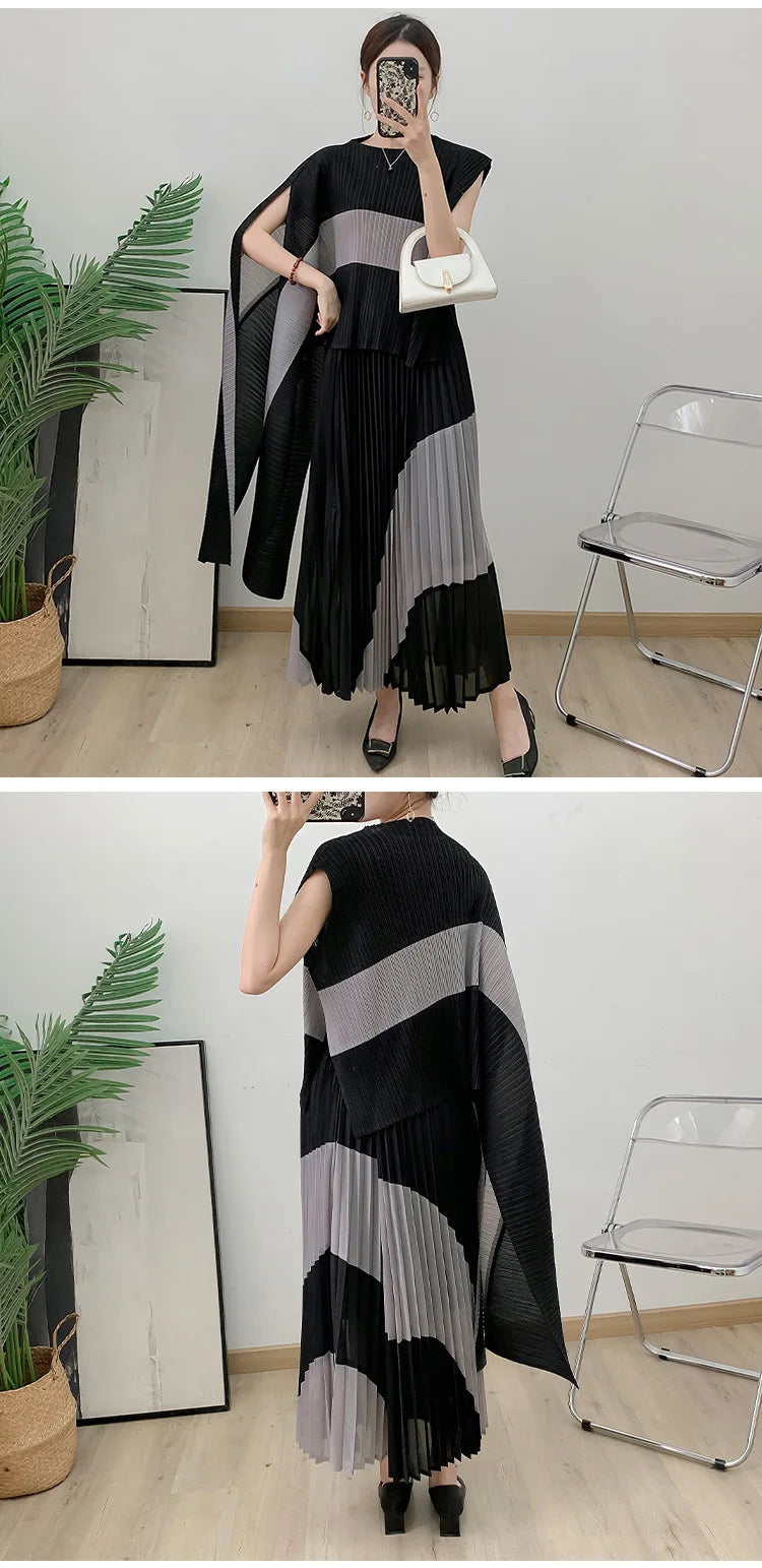 Miyake Fold 2025 Autumn Women's Color Matching New Set Shawl Irregular Top Long Elastic Waist Skirt Two-piece Set