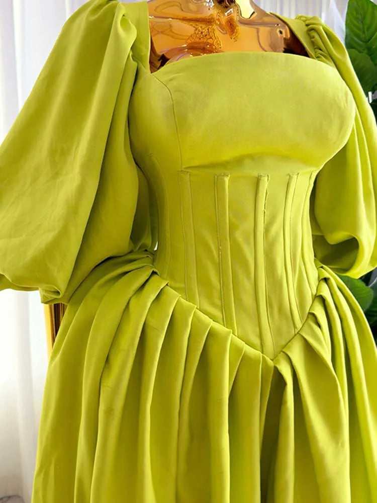 Women Ruched Dresses with Sleeves Spring High Waist Elegant Slash Neck Long Dress Sexy Green Dress Wholesale Dropshipping