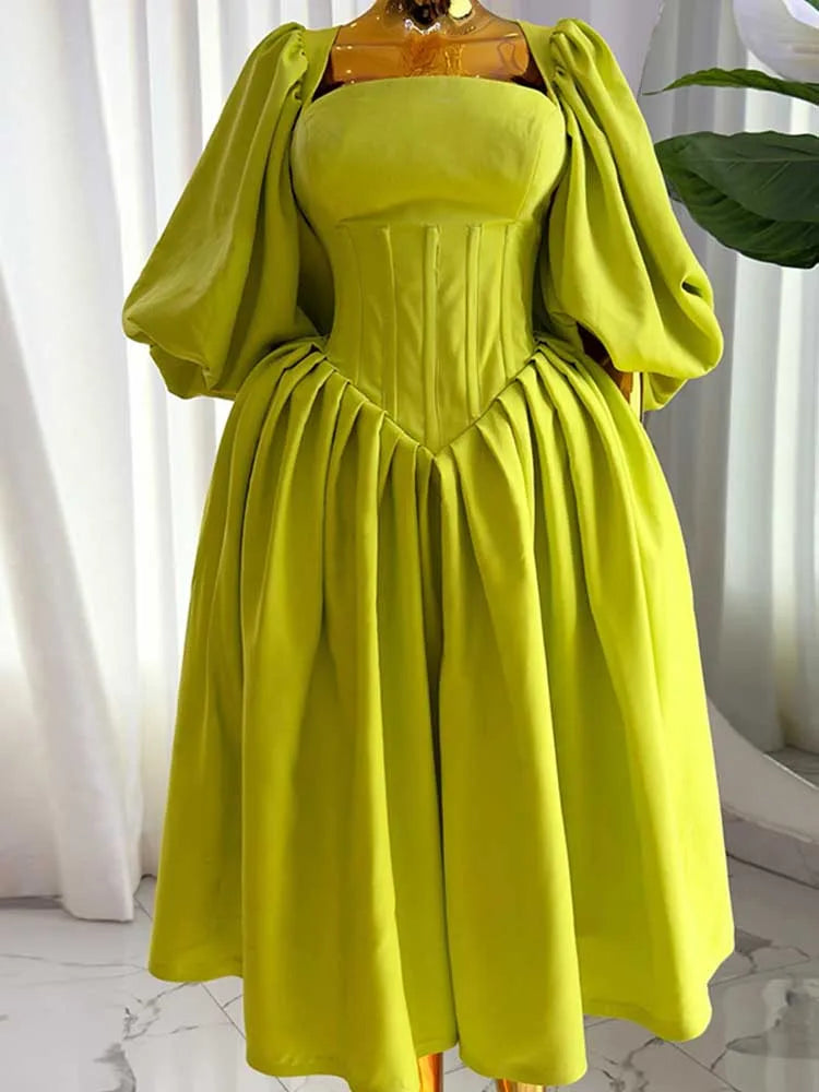 Women Ruched Dresses with Sleeves Spring High Waist Elegant Slash Neck Long Dress Sexy Green Dress Wholesale Dropshipping