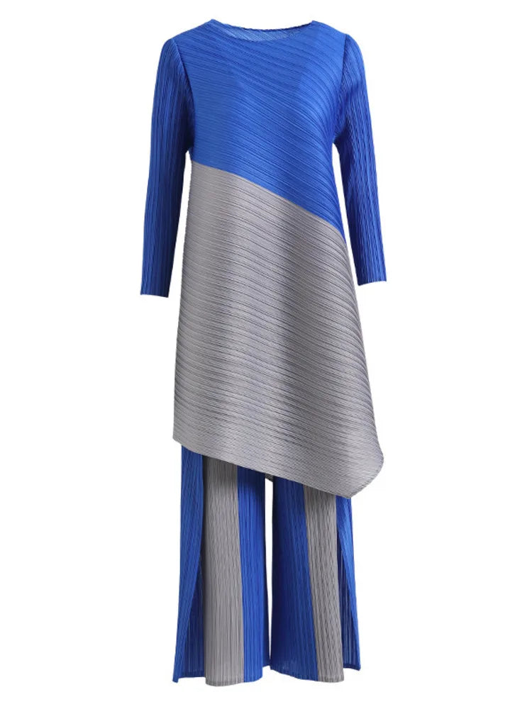 Miyake Pleated Sets Contrast Color O-neck Asymmetric Top Dress+ Loose Wide Leg Pant Two-piece Casual Suits 2022 Autumn Fashion