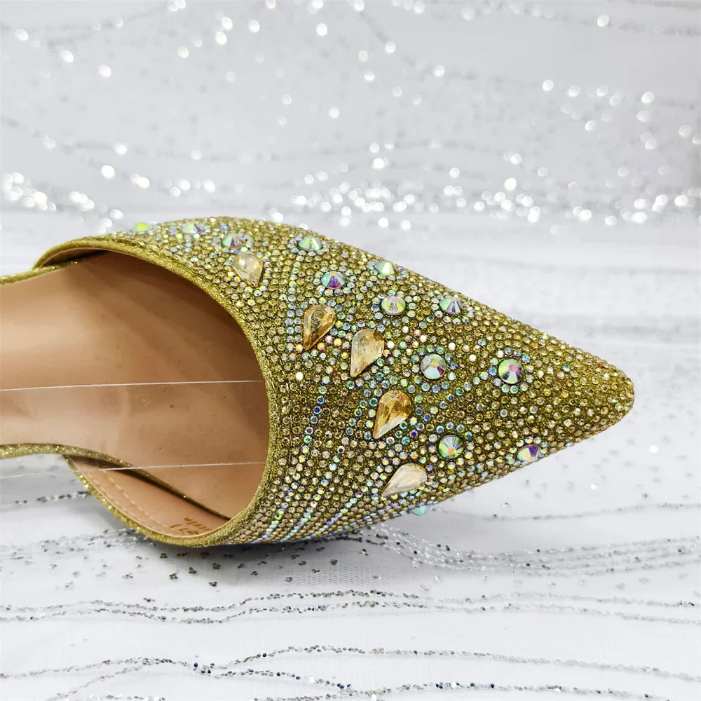 Women's Elegant Rhinestone Pointed Toe Pumps With Matching Shoes And Bag Set