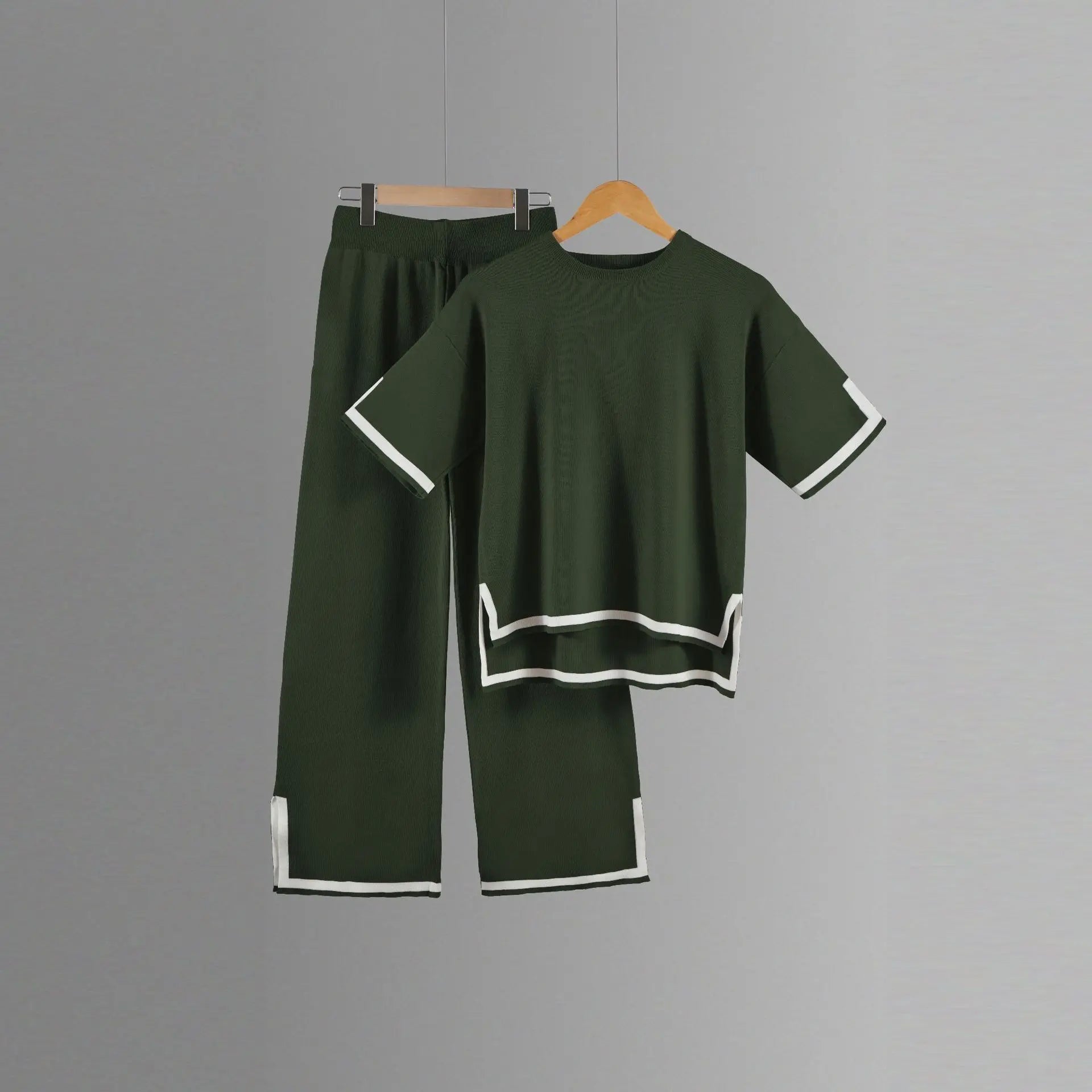 Two-piece Summer New Knitted Elegant Trousers Suit Short-sleeved Pullover Wide-leg Pants Casual Home Two-piece Women's Set