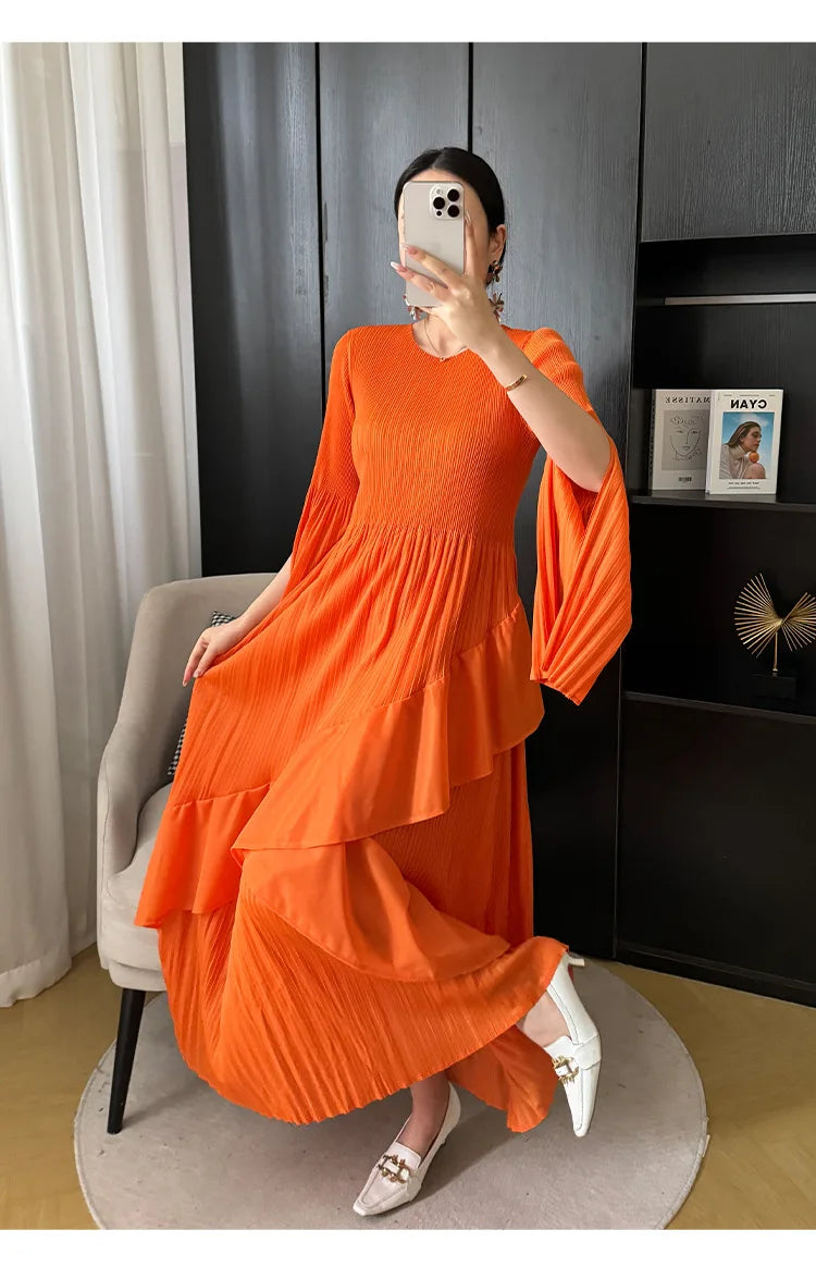 Miyake Folds 2024 Spring New Ruffled Dress Solid Color Plus Size Long Skirt