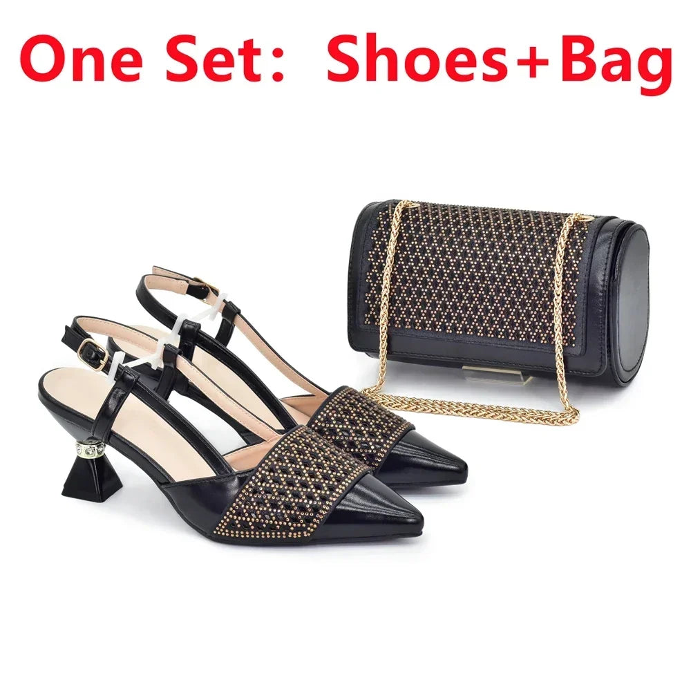 Matching Italian Shoe and Bag Decorated with Rhinestone for Women
