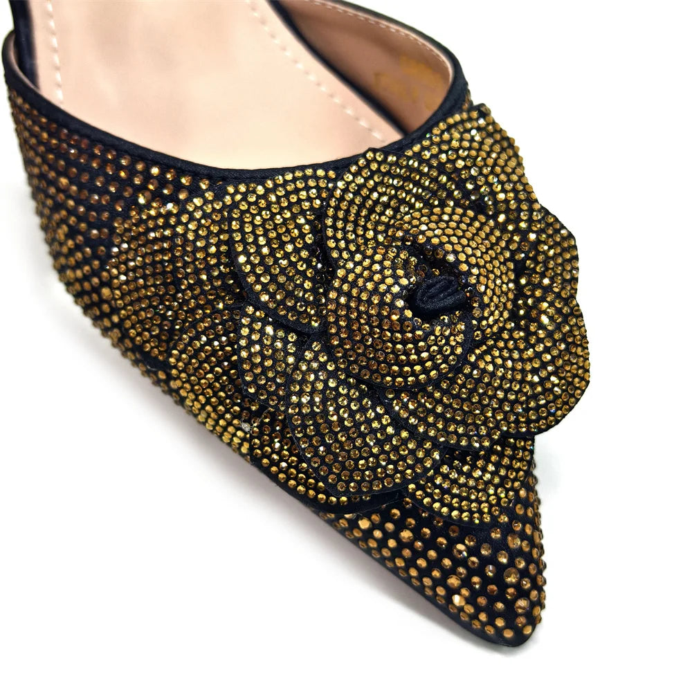 Women's Pointed-Toe Large Flower Decoration Rhinestone Low Heel Italian Shoes and Bags Set