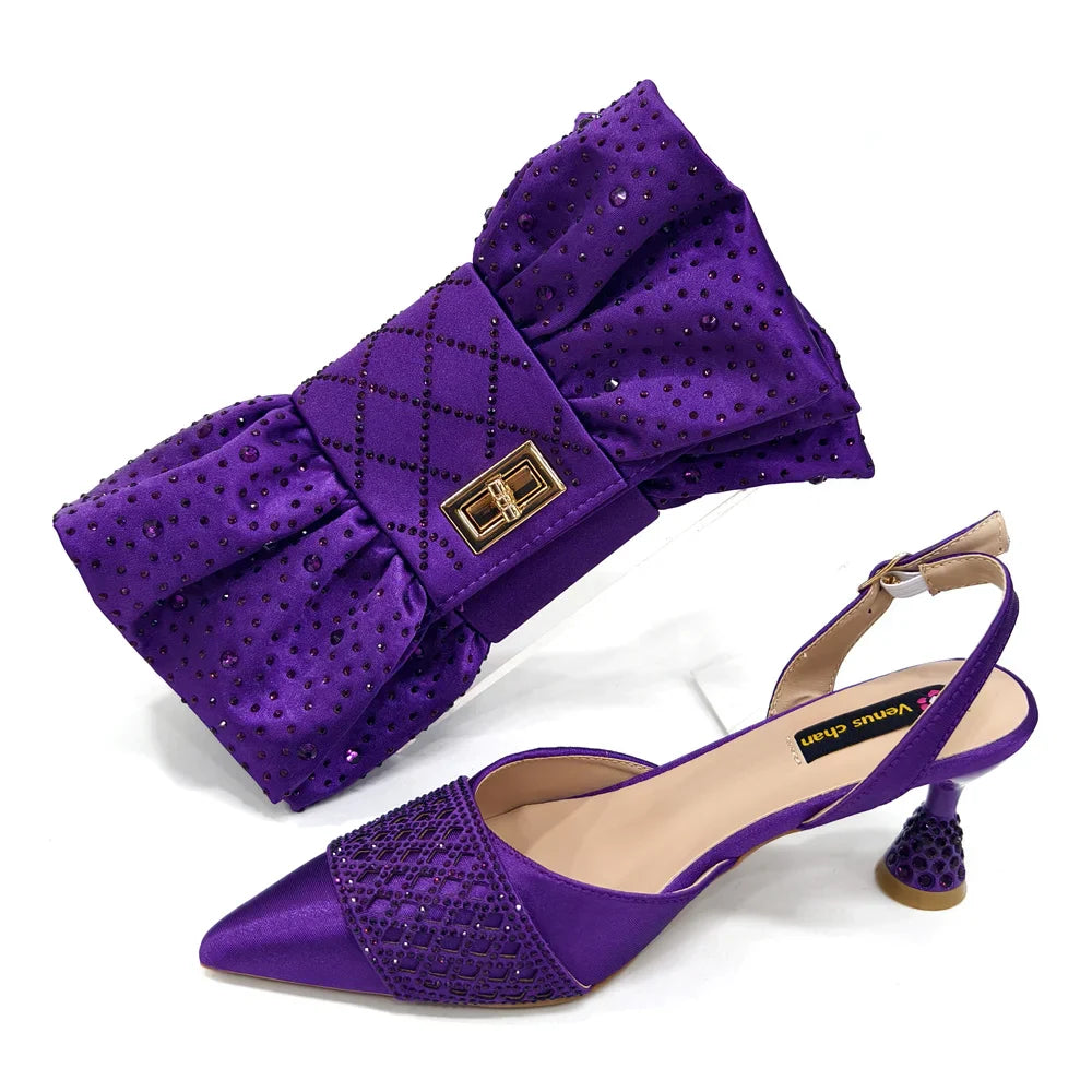 Women's Italian Party Shoes and Bag Set With Elegant Diamond Butterfly