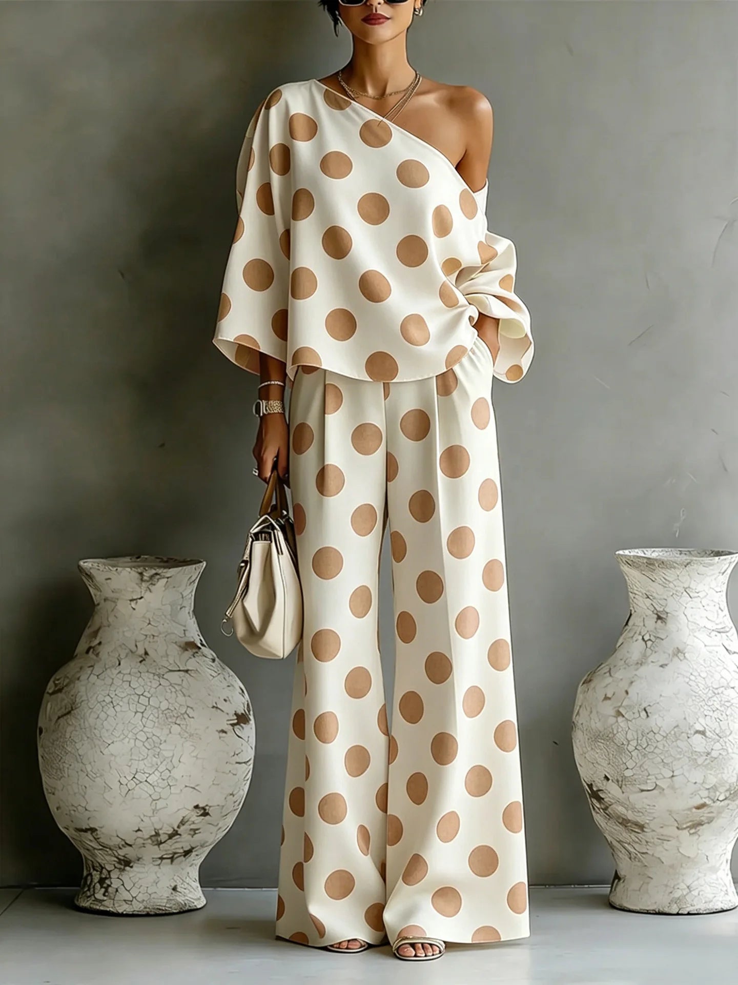 Summer Color Wave Point Set Women Slant Shoulder Open Back Top+High Waist Wide Leg Pants Vacation Style Loose 2 Piece Suit