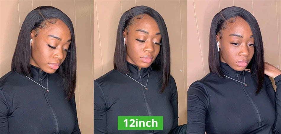 16Inch Vietnamese Super Double Drawn Bone Straight 13x4 Frontal Bob Wig with Human Hair Natural Black 210%Density For BlackWomen