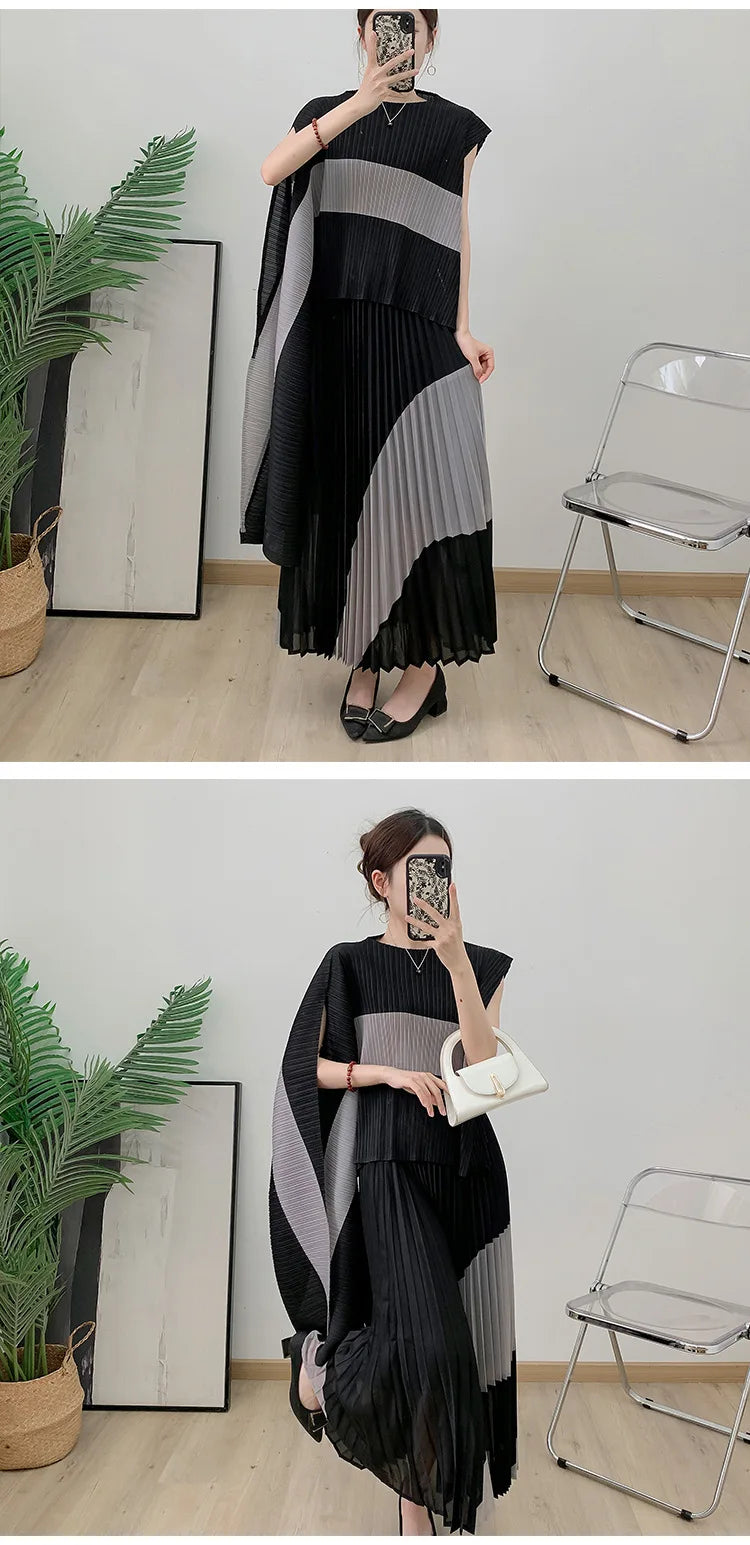 Miyake Fold 2025 Autumn Women's Color Matching New Set Shawl Irregular Top Long Elastic Waist Skirt Two-piece Set
