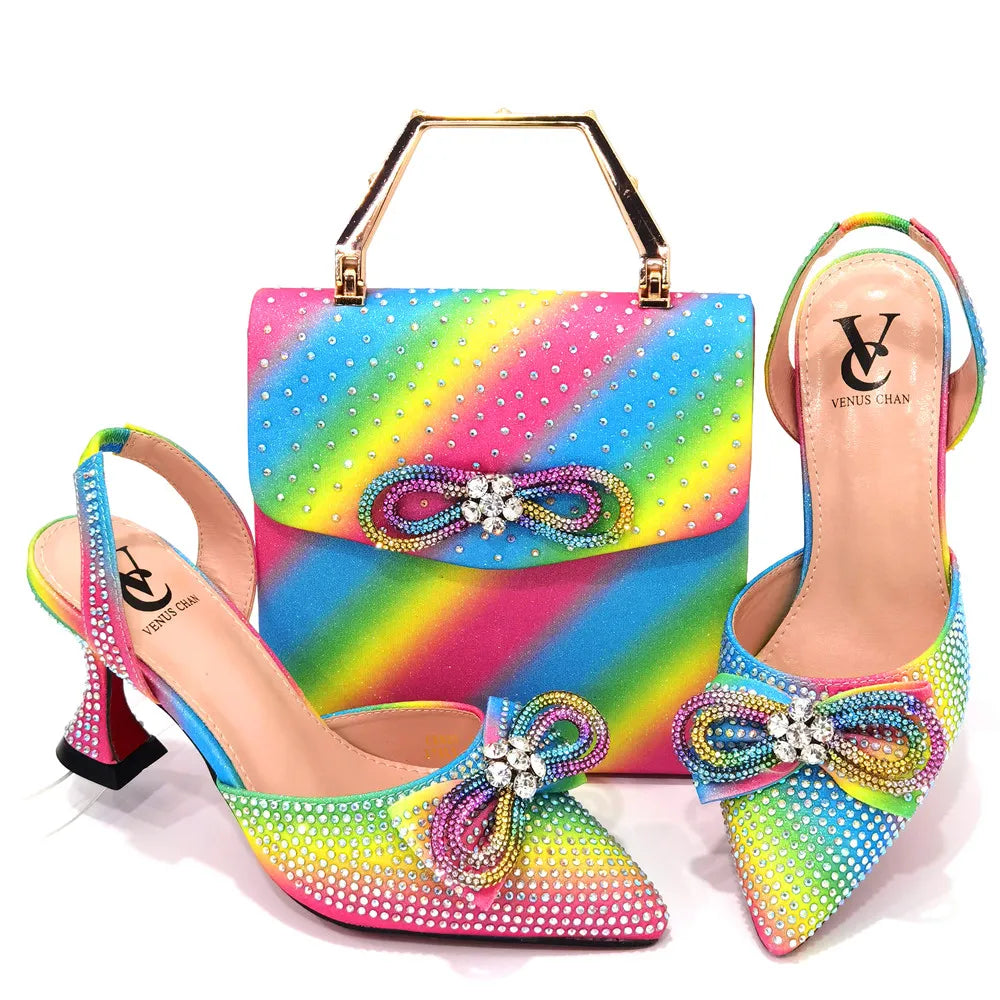 Women's Rhinestone Bow Side Italian Party Shoes And Bags Set