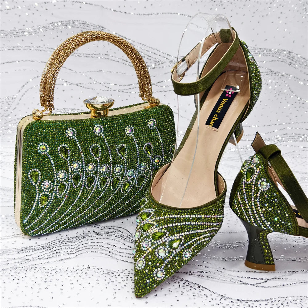 Women's Elegant Rhinestone Pointed Toe Pumps With Matching Shoes And Bag Set