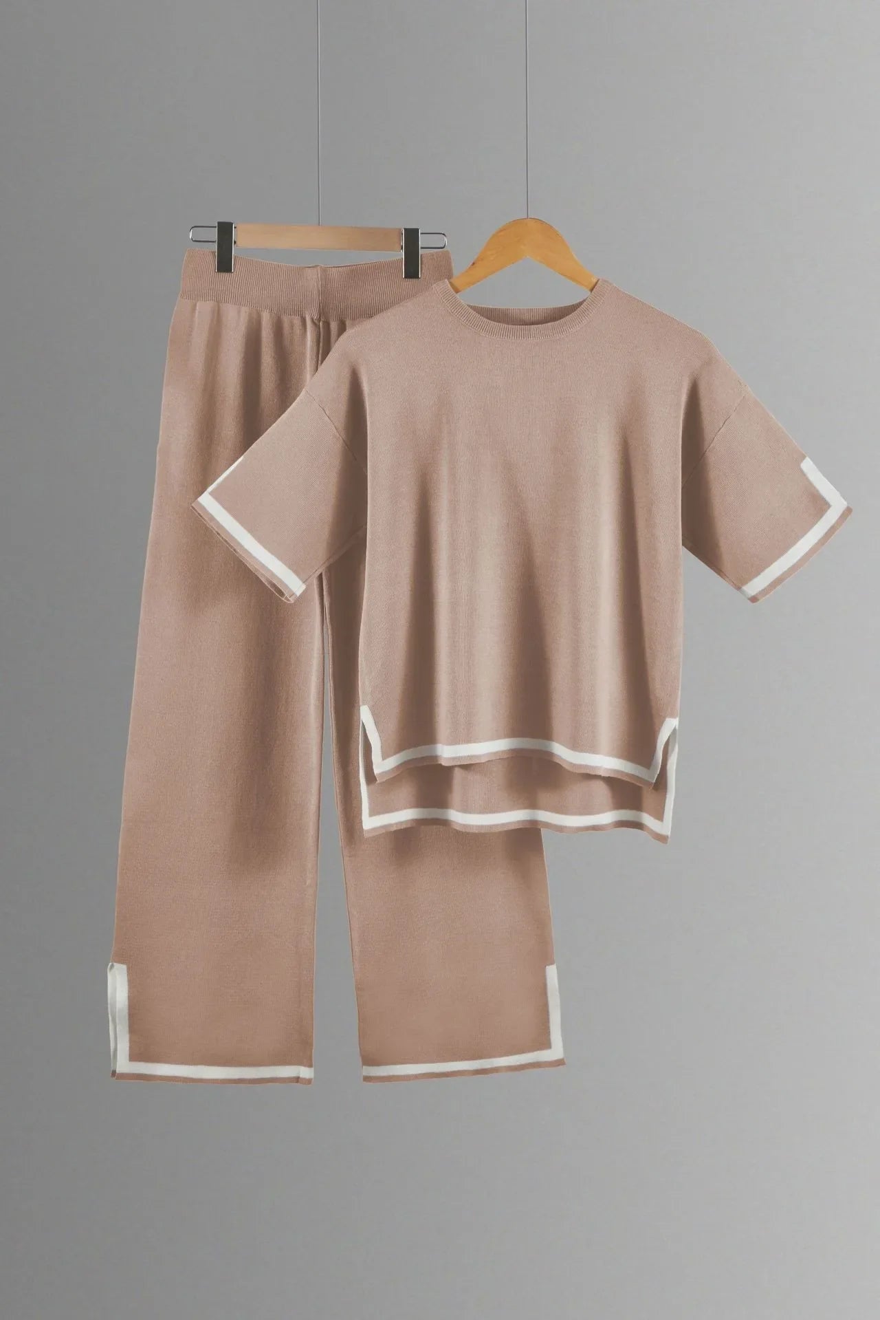 Two-piece Summer New Knitted Elegant Trousers Suit Short-sleeved Pullover Wide-leg Pants Casual Home Two-piece Women's Set