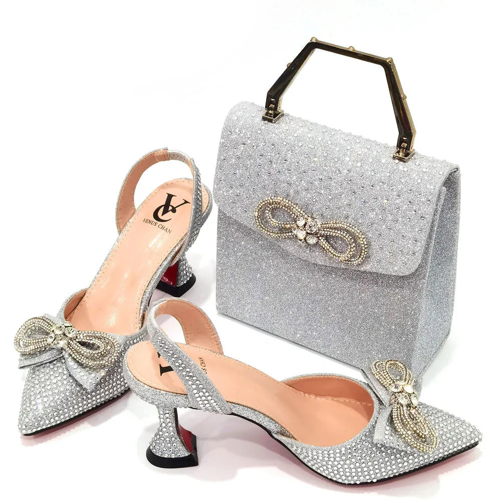 Women's Rhinestone Bow Side Italian Party Shoes And Bags Set