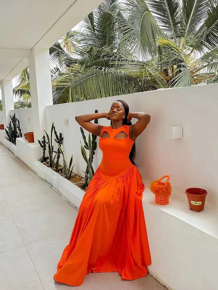 Long Summer Woman Dress Hollow Out Knitted Maxi Dress Beautiful Orange Dress for Women Elegant Party Wholesale Dropshipping