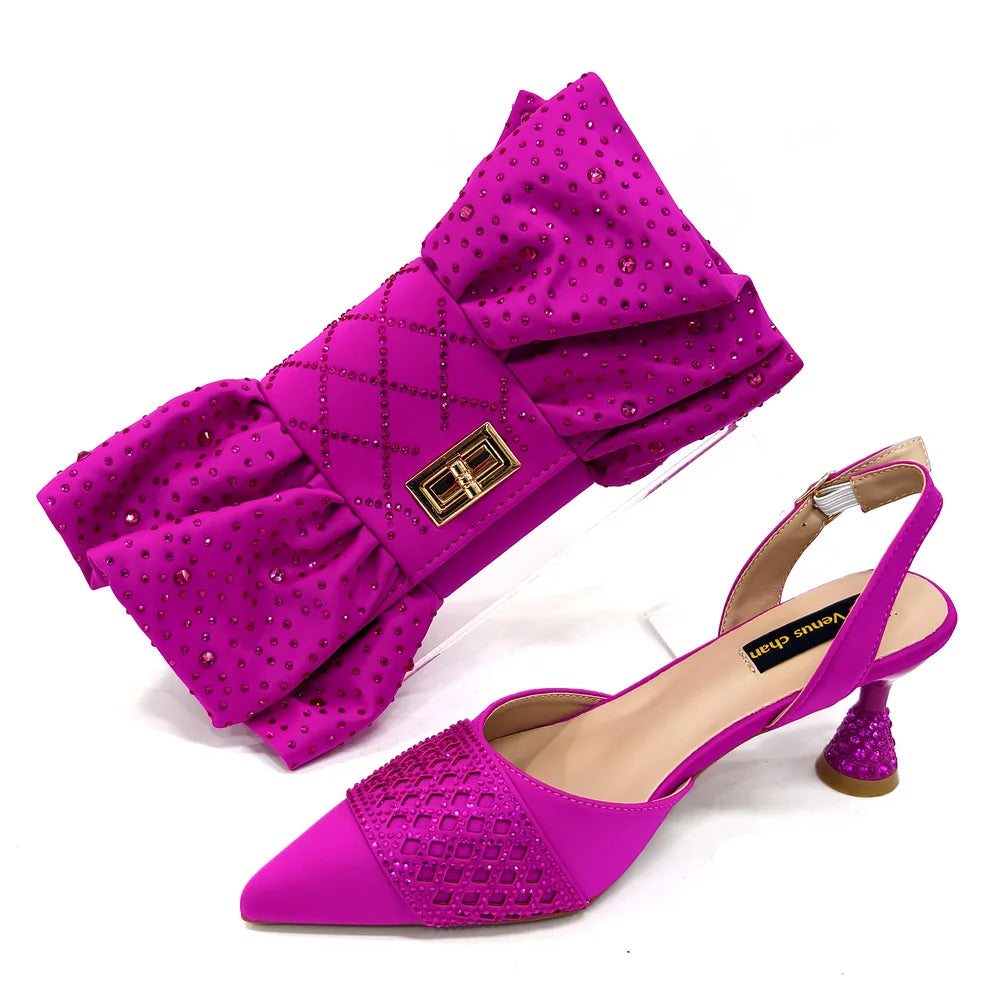 Women's Italian Party Shoes and Bag Set With Elegant Diamond Butterfly