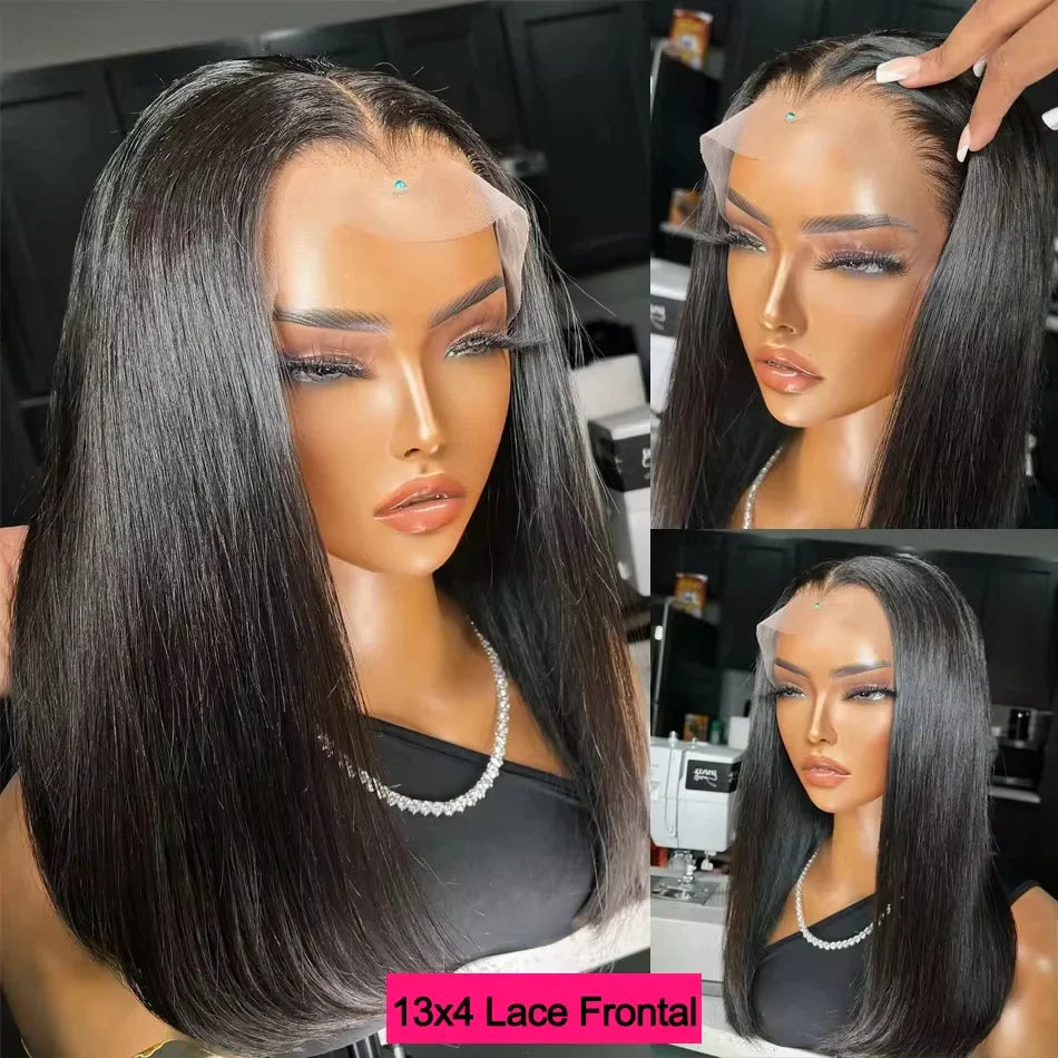 16Inch Vietnamese Super Double Drawn Bone Straight 13x4 Frontal Bob Wig with Human Hair Natural Black 210%Density For BlackWomen