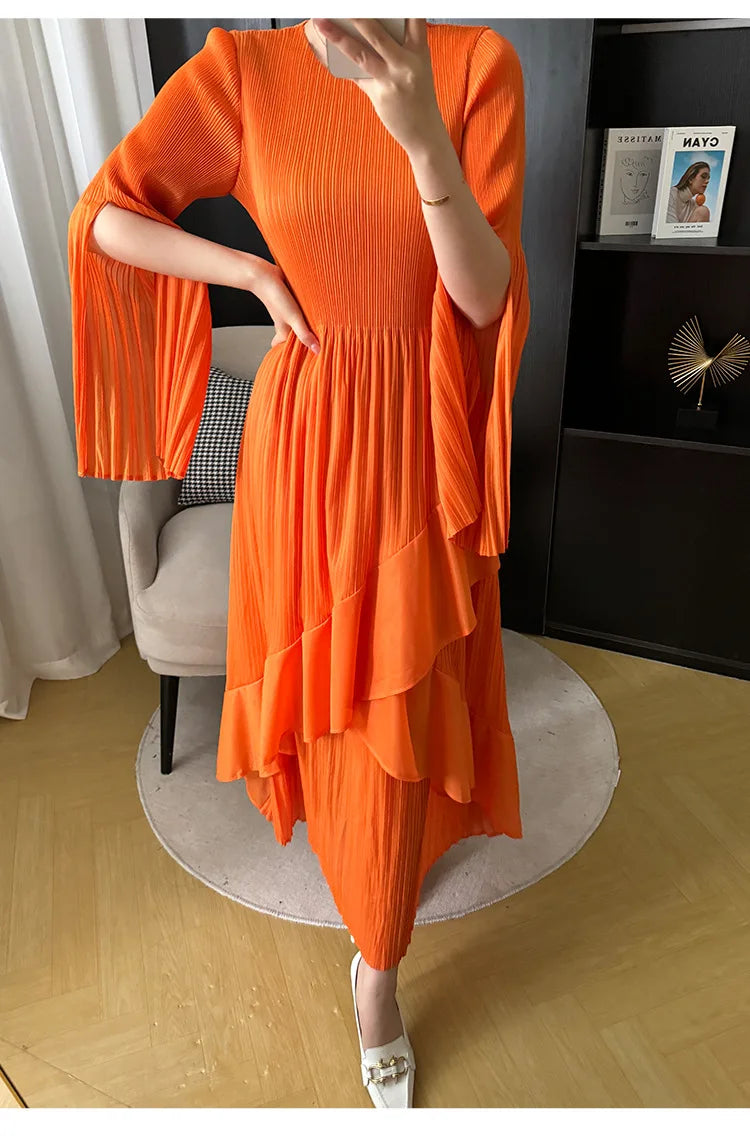 Miyake Folds 2024 Spring New Ruffled Dress Solid Color Plus Size Long Skirt