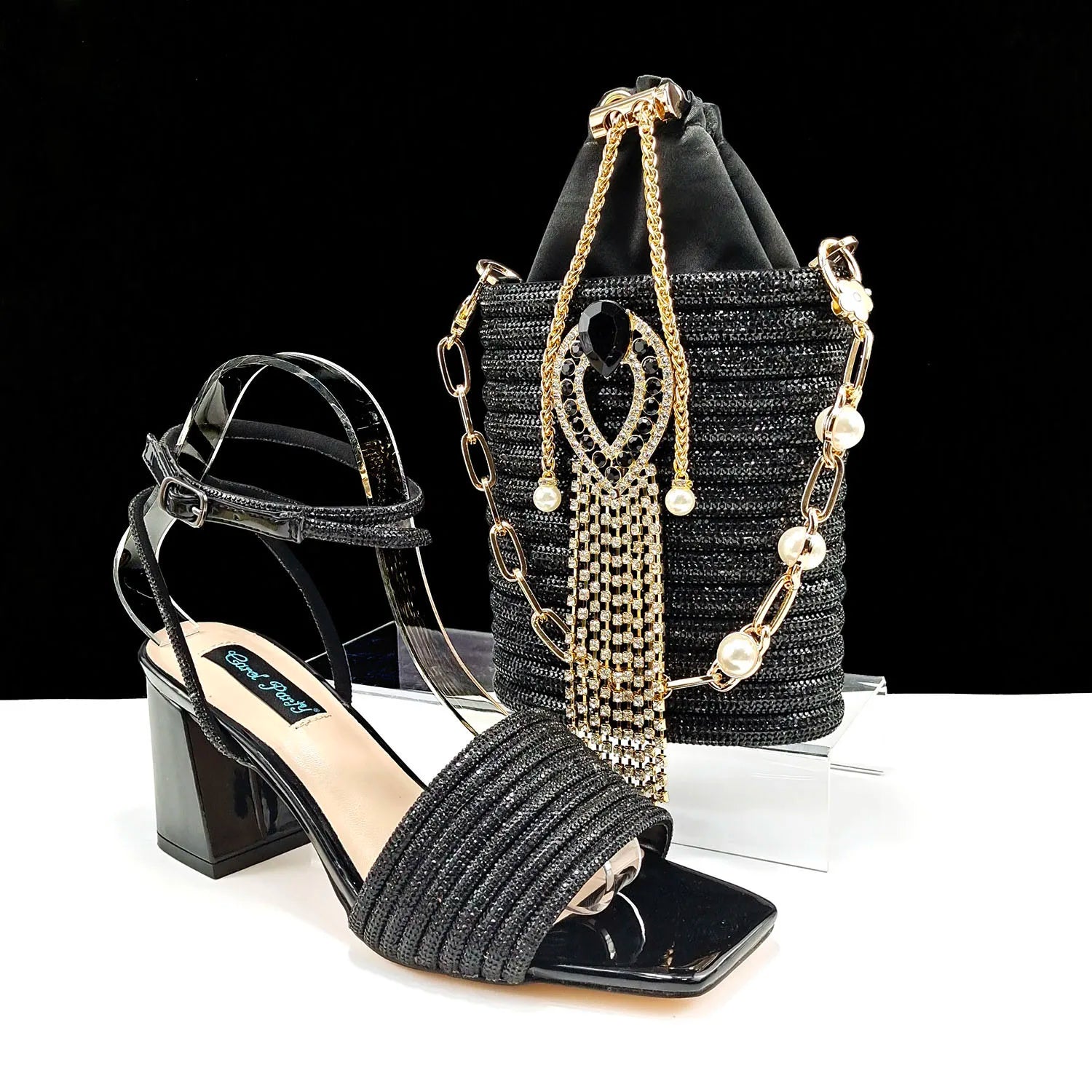 Olive Colour Personalised Design Rhinestone Decoration High Heel Peep Toe Banquet Ladies Shoes And Bag Set