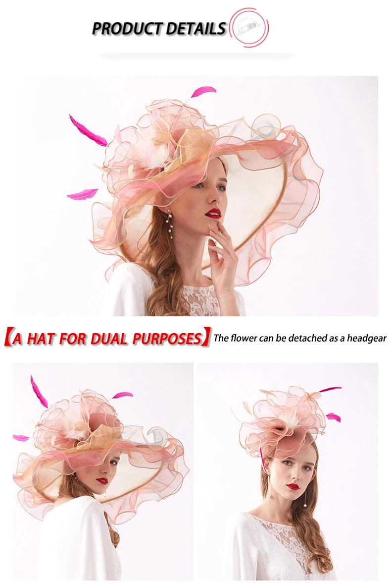 Summer Organza Kentucky Derby Hats For Women Elegant Fascinator Hats Ladies Large Wide Brim Church Wedding Hat With Big Flower