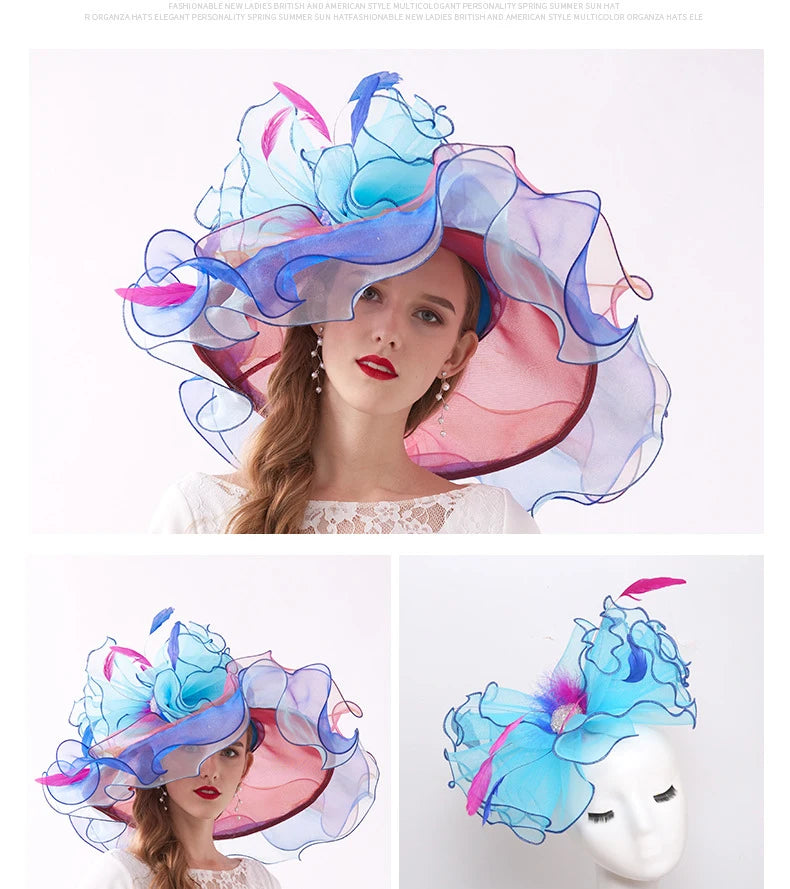 Summer Organza Kentucky Derby Hats For Women Elegant Fascinator Hats Ladies Large Wide Brim Church Wedding Hat With Big Flower