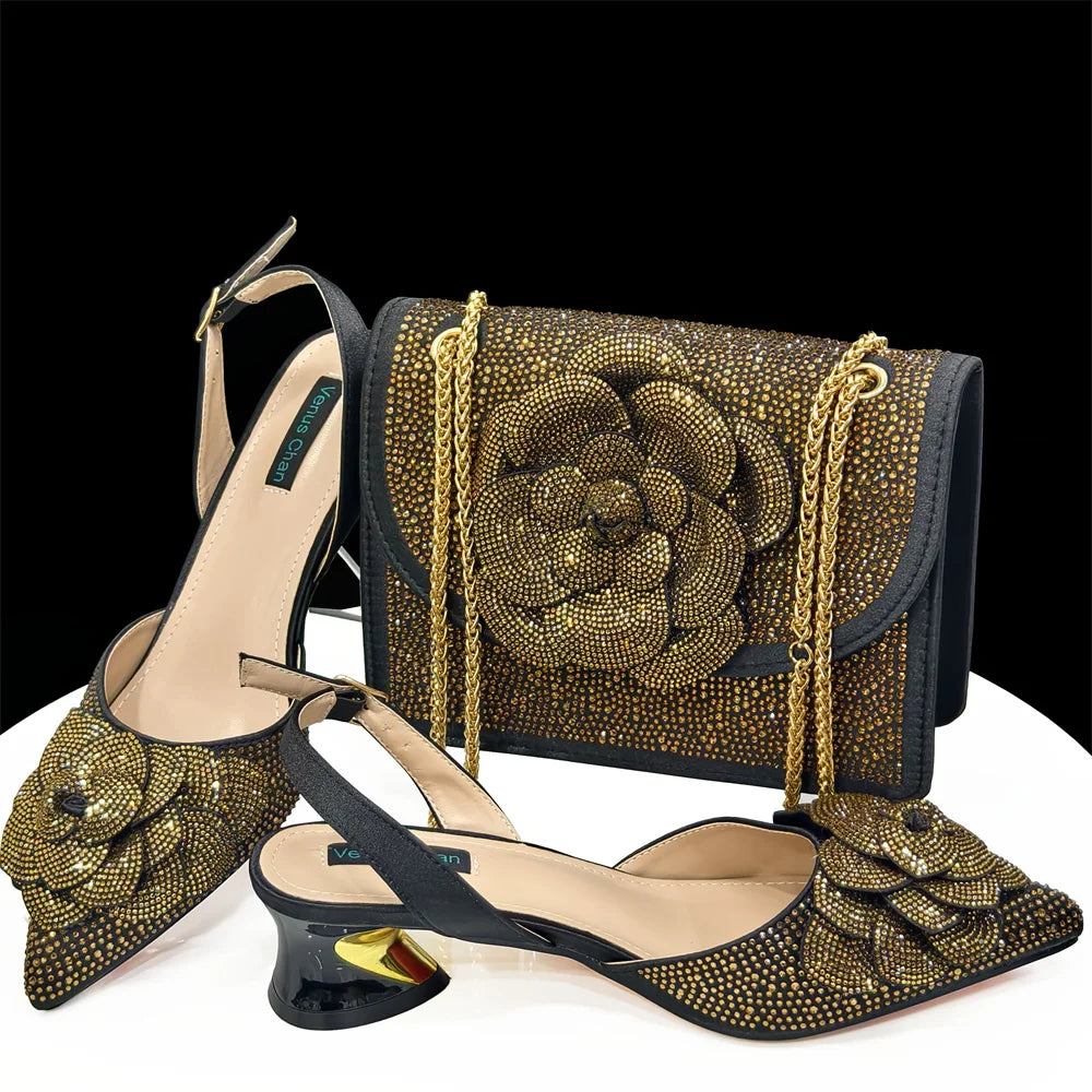 Women's Pointed-Toe Large Flower Decoration Rhinestone Low Heel Italian Shoes and Bags Set