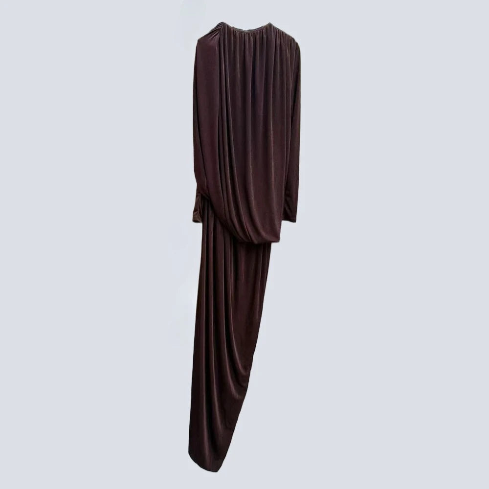 Spliced Folds Irregular Women Round Neck Long Sleeves Tunic Design Sense Long Dress
