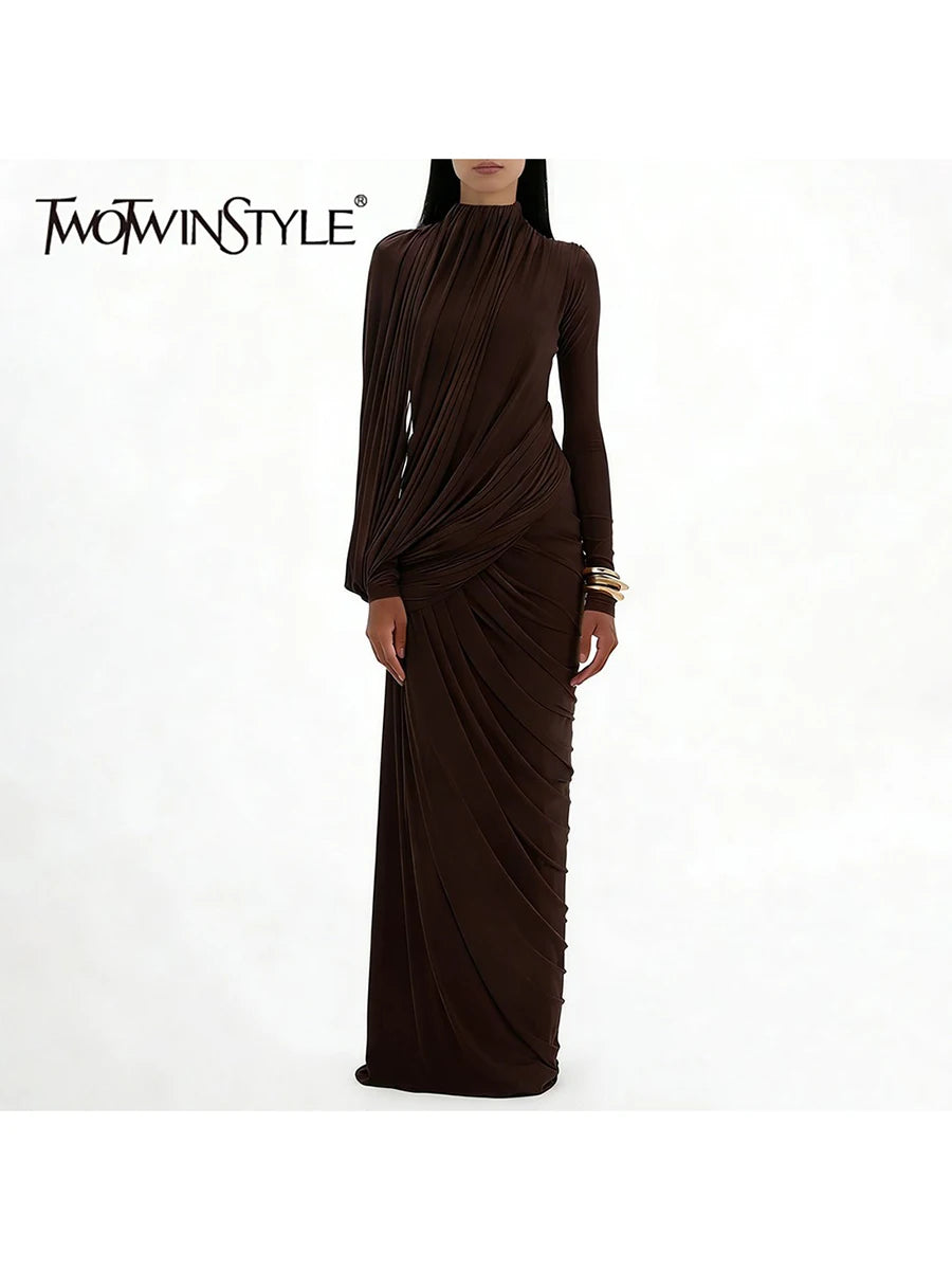 TWOTWINSTYLE Casual Spliced Folds Irregular Dresses for Women Round Neck Long Sleeves Tunic Design Sense Long Dress Female New