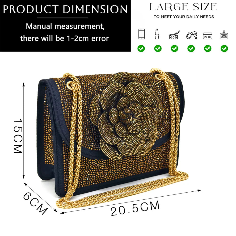 Women's Pointed-Toe Large Flower Decoration Rhinestone Low Heel Italian Shoes and Bags Set