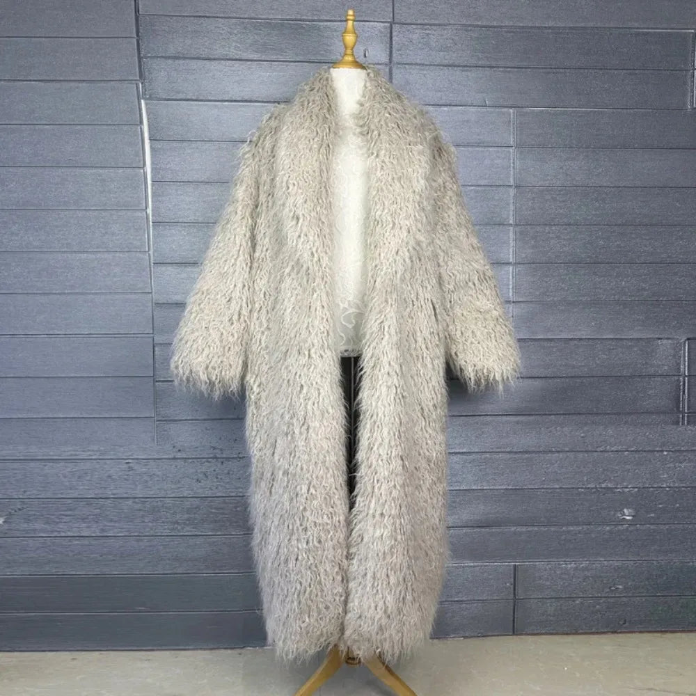 Faux Fur Jacket Women Long Coat Thick Fluffy Winter Warm Shaggy Overcoat Open