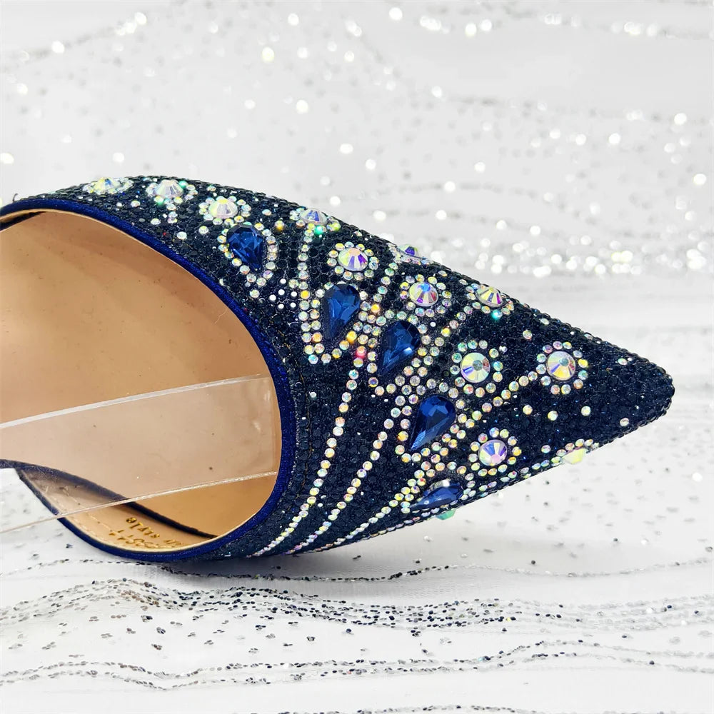 Women's Elegant Rhinestone Pointed Toe Pumps With Matching Shoes And Bag Set