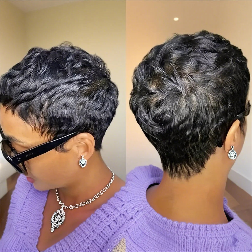 Short Pixie Cut Wig  With Bangs Human Hair 180 Density For Women Machine Made Wig