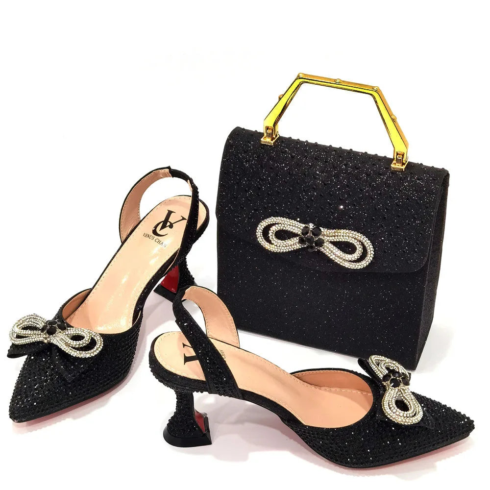 Women's Rhinestone Bow Side Italian Party Shoes And Bags Set
