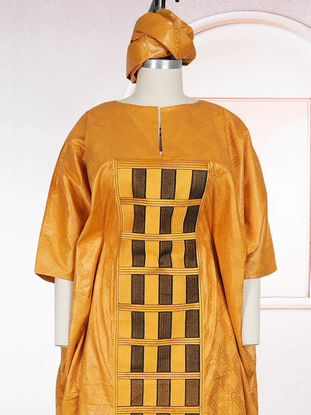 African Plus Size Kaftan Dress | Bazin Embroidery Puff Sleeve Muslim Robe | Wedding & Church