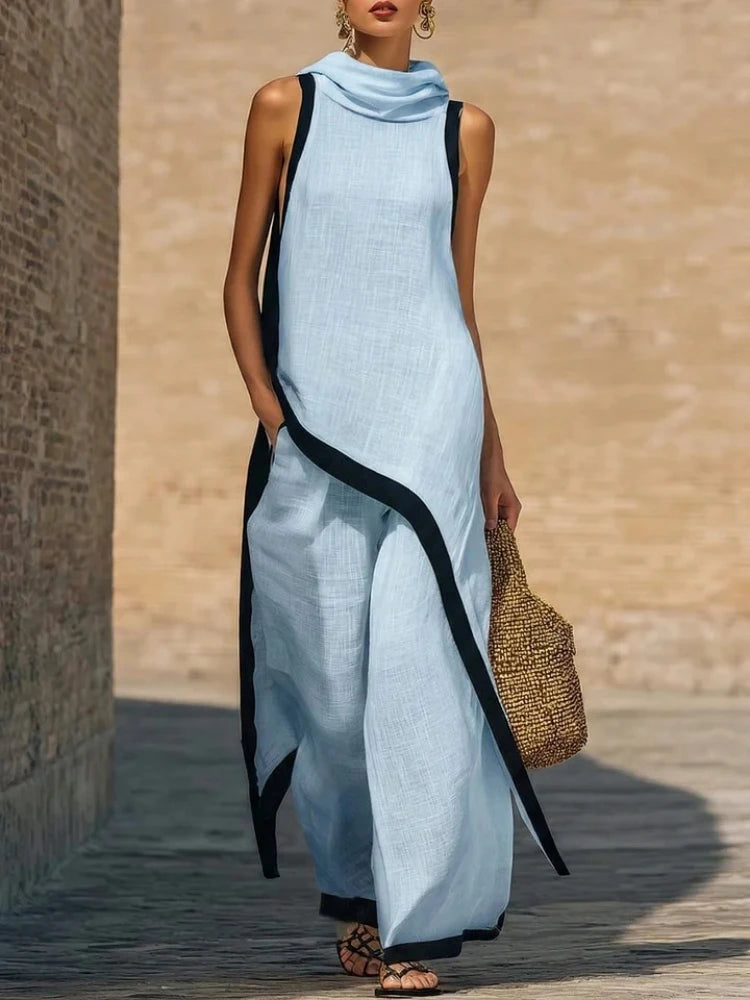 Women's Two-piece Sleeveless Contrasting Color Wide-leg Trousers Summer Casual Fashion Solid Color Irregular Suit For Women