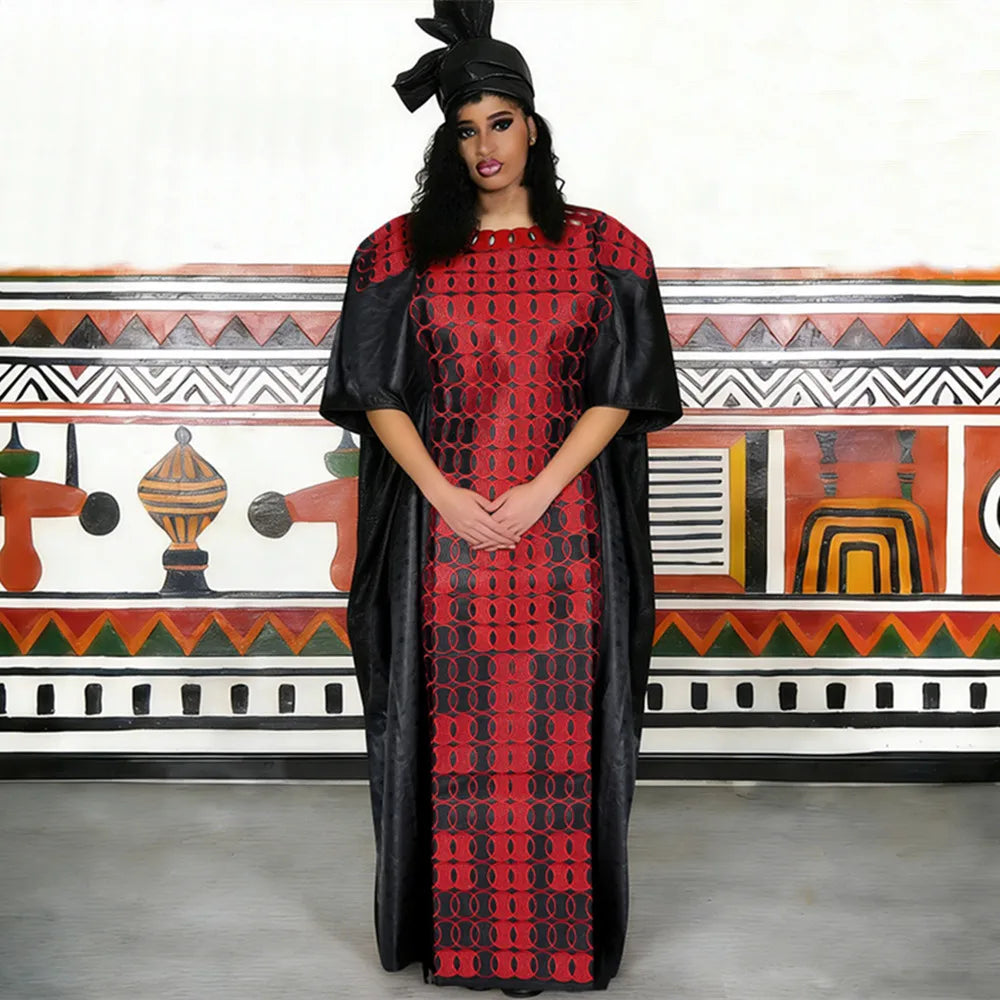Women's Dashiki Ankara Bazin Riche Embroidery Dress & Headscarf | Wedding & Party